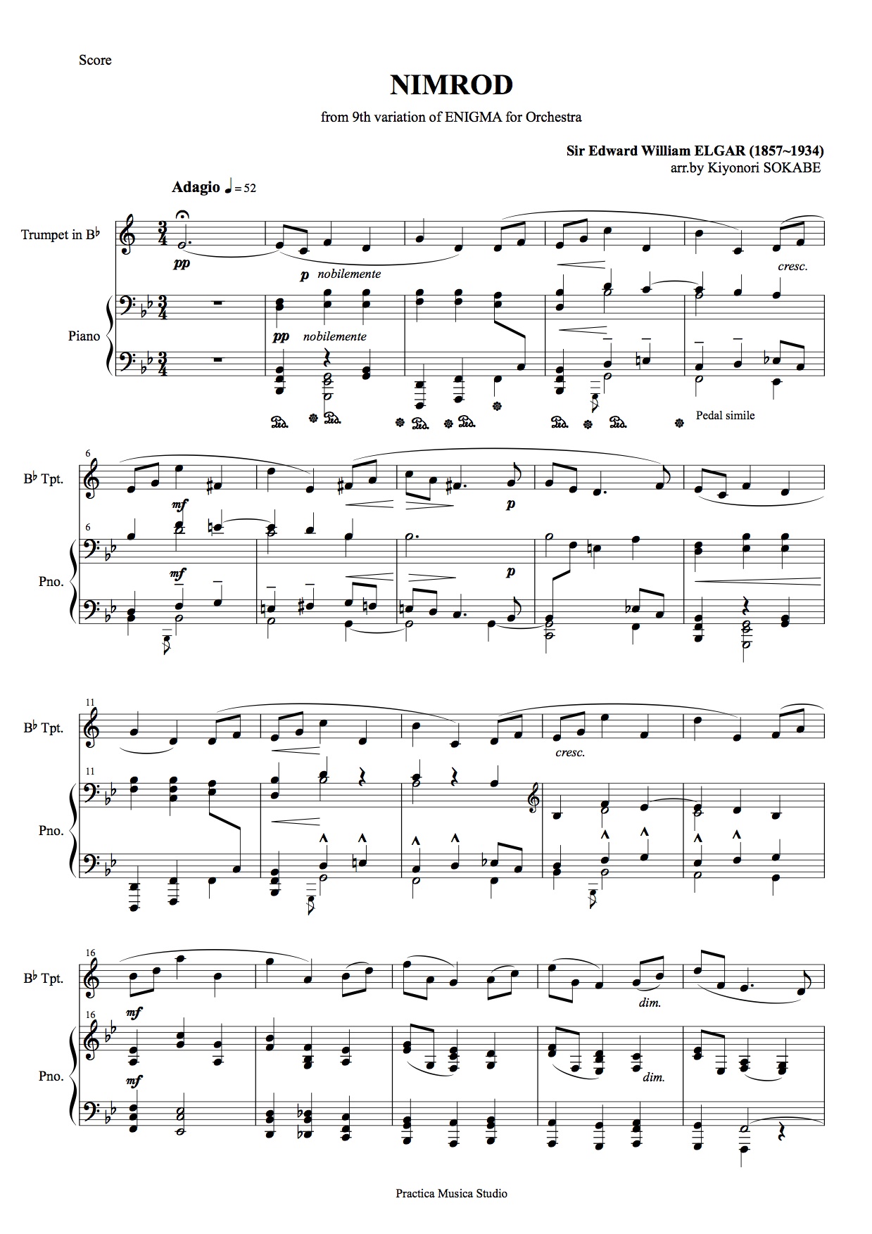 ニムロド〜エニグマ変奏曲第９変奏（低音域版） (エルガー) 鍵盤/管楽 - トランペットとピアノのための二重奏 | 現代日本の音楽の楽譜 |  SOKABE Music Publishing