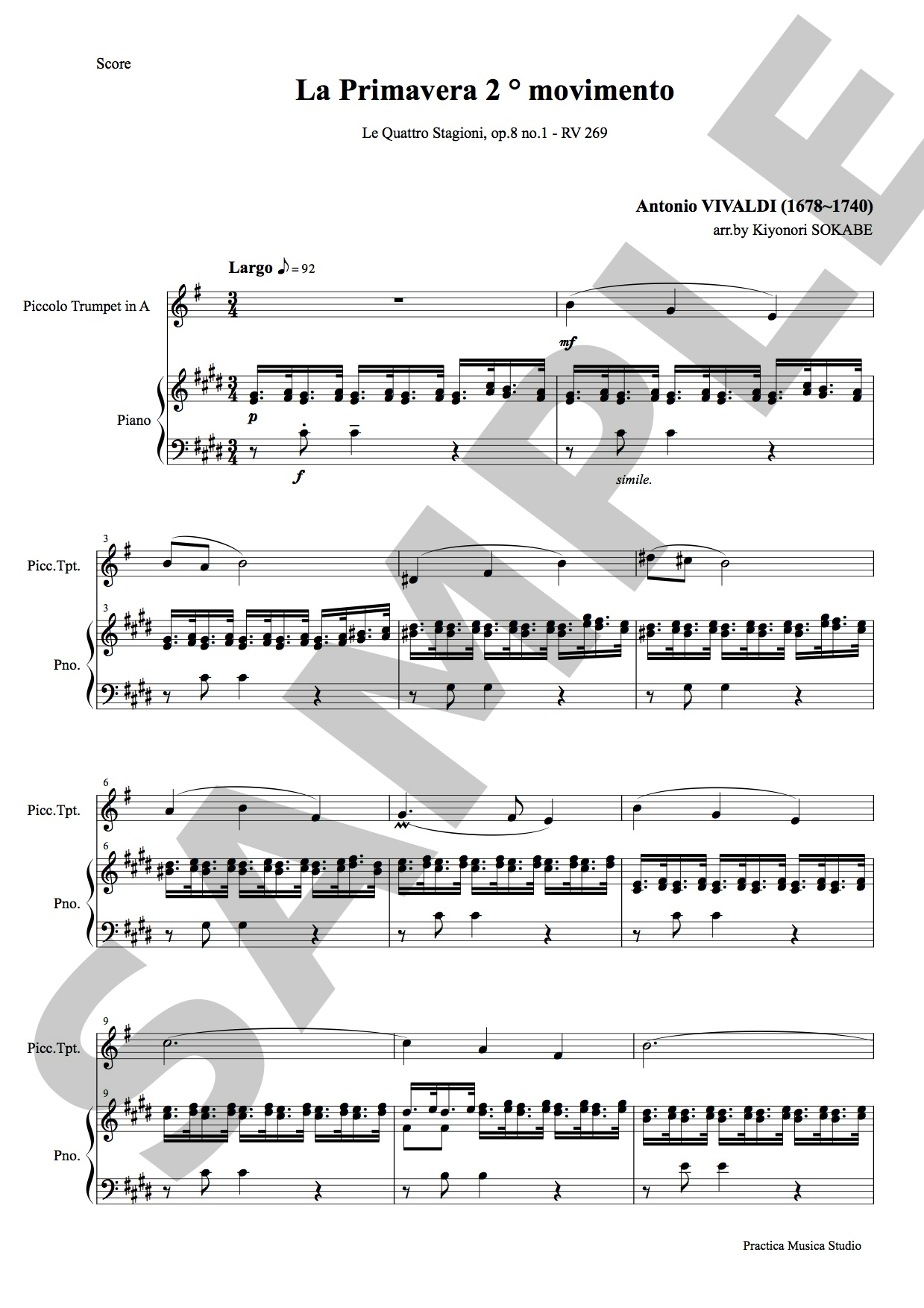 ラルゴ 合奏協奏曲四季より春第２楽章 (ヴィヴァルディ) 鍵盤/管楽トランペットとピアノのための二重奏 | 現代日本の音楽の楽譜 | SOKABE  Music Publishing