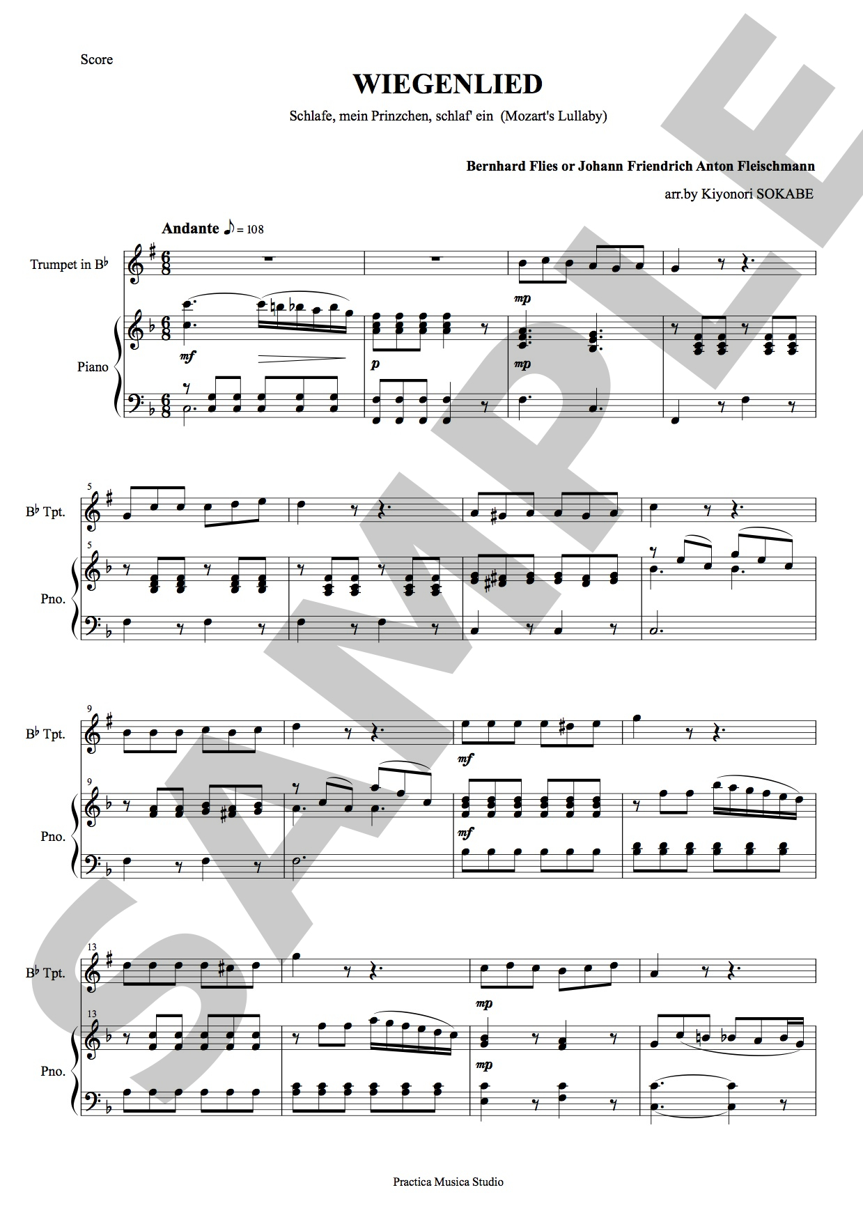 モーツアルトの子守歌 (フライシュマン) 管楽 - トランペットとピアノのための二重奏 | 現代日本の音楽の楽譜 | SOKABE Music  Publishing